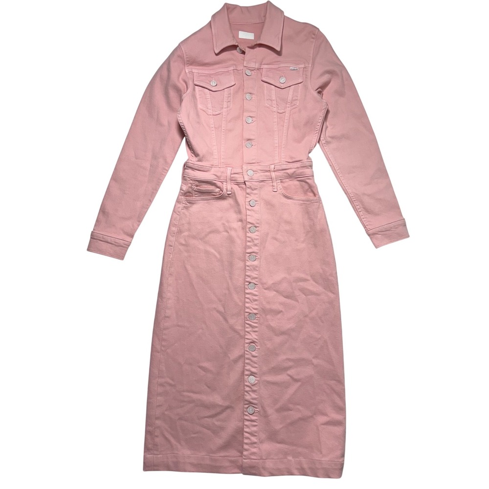 MOTHER The Cover Up Pink Denim Midi Dress‎ XS Long Sleeve Button Utility Hemmed
